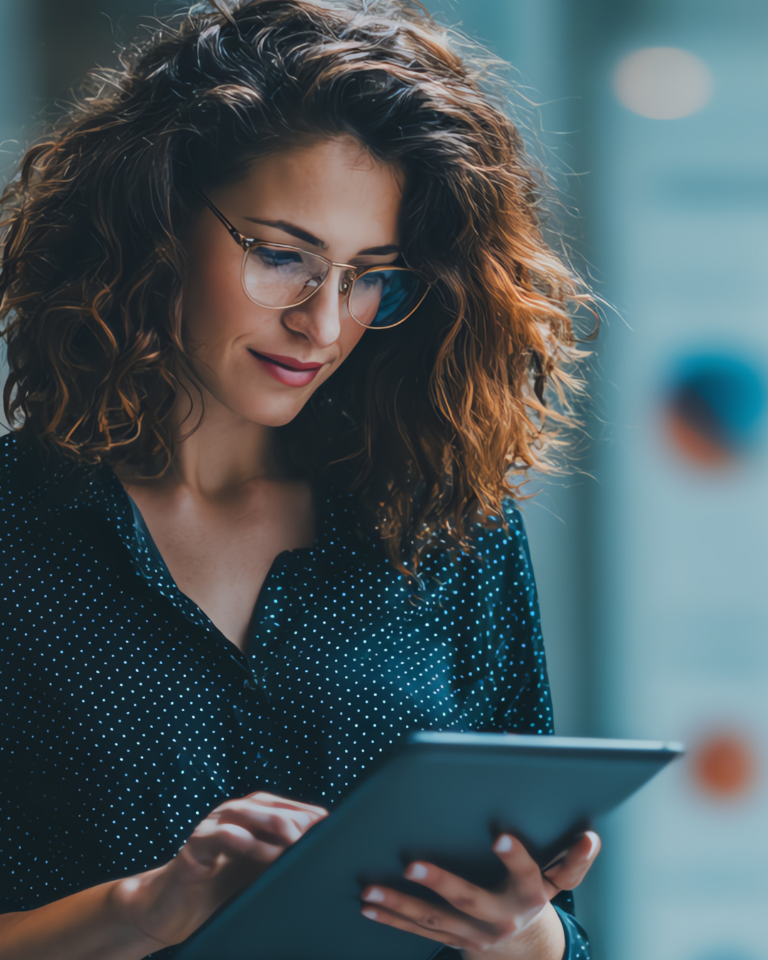 Gestora de marketing analisando dados no tablet
