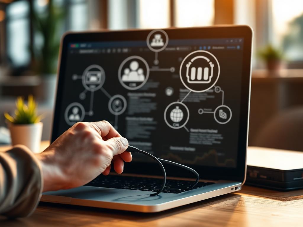 Mãos conectando integrações em um notebook