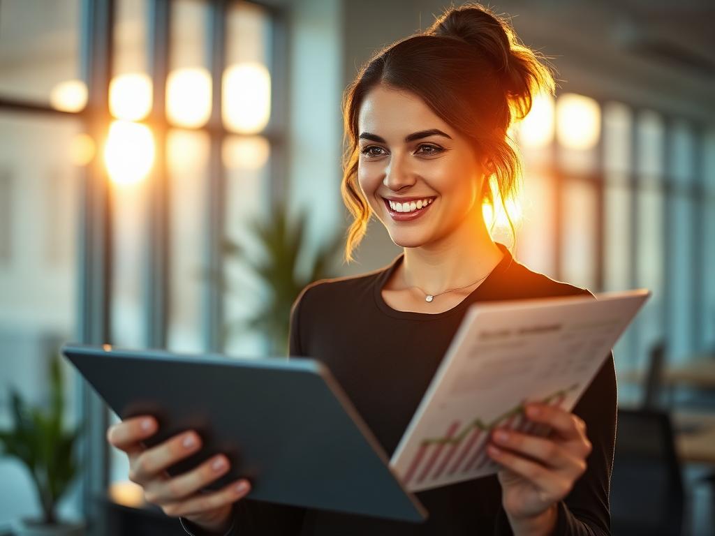 Profissional sorrindo enquanto lê relatório com gráfico de crescimento
